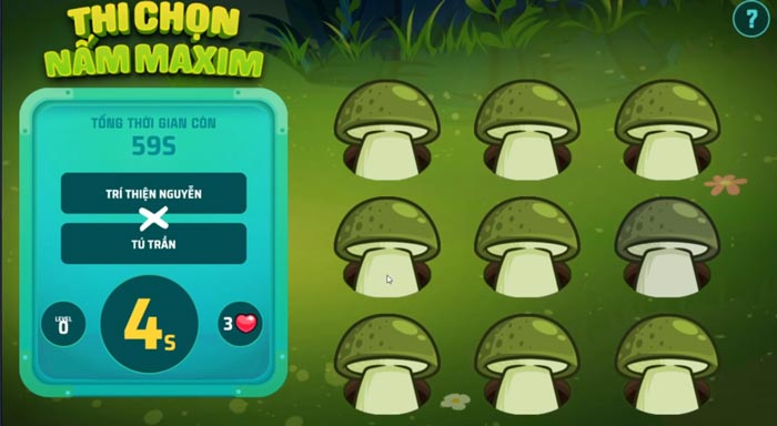 Quickly select the correct mushroom of different color among a total of 9 mushrooms that appear on the screen