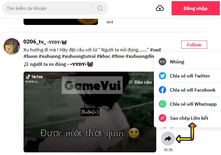 Lấy đường link chia sẻ video TikTok