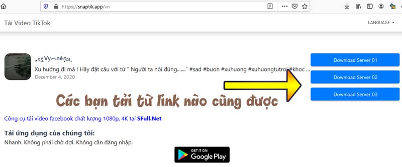 Có 3 link tải từ 3 server khác nhau để người dùng lựa chọn