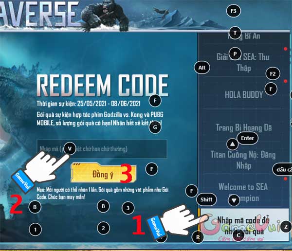 Danh sách code PUBG Mobile Godzilla vs Kong Redeem-code